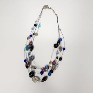 Lia Sophia Colorful Blue Purple Glass Bed Station Wire Necklace Silvertone